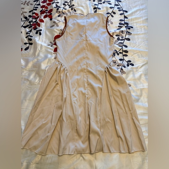 Beige & Brown Three Tie Bow Design Mini Dress spring summer ruched waist - Picture 4 of 7